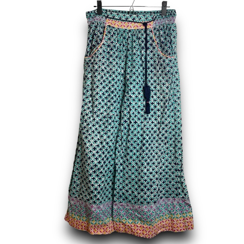 Anthropologie Aqua Navy Pink Wide Leg Pants Texture Geometric Pattern Boho Beach